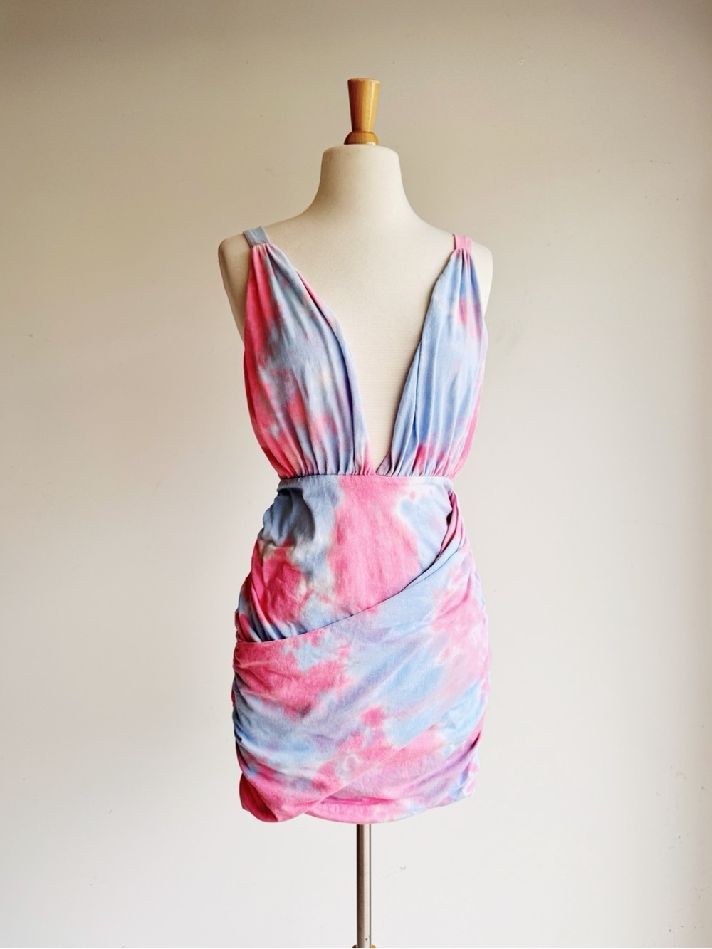 Superdown Georgie Ruched Mini Dress Tie Dye Pink Blue Cutout Bodycon Size S